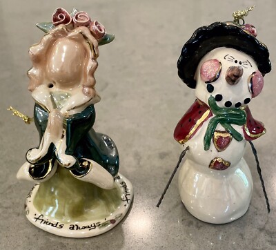 2 Blue Sky Corp Claywork Ornaments Ceramic Glazed Heather Goldminc Snowman Angel