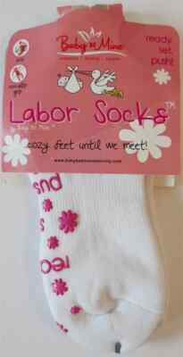 Baby Be Mine ''READY SET PUSH'' Labor Socks Non-Slip, Wht/Pink Sz-6-10