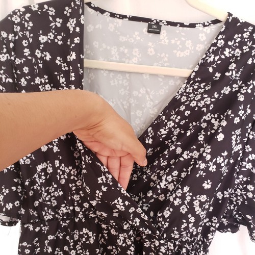Women Black Floral Pattern V Neck Short Sleeve Long Dress Plus Size 3X - Picture 12 of 12