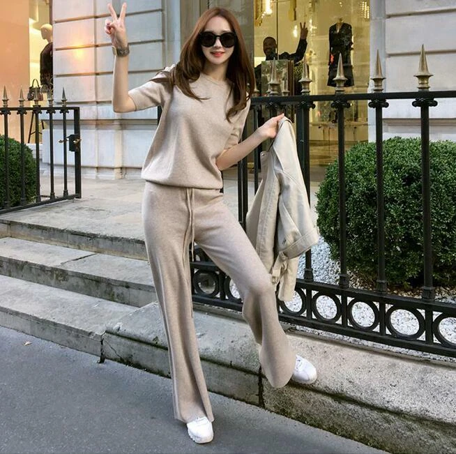 2PC Women s Sweater Pants Short Sleeve Cashmere Wide Leg Loose Comfort Fashion