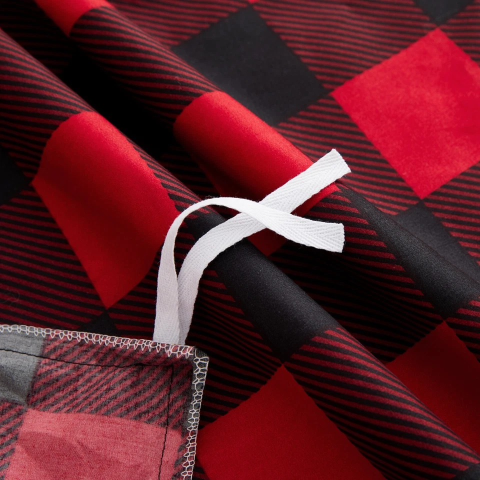 Printed Bamboo Duvet Cover Fitted Sheet Bedding Set, Red Black Plaid Full Size - Image 4 of 4