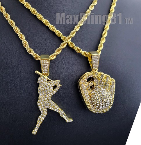 Baseball Hitter & Glove Cubic Zirconia Pendant 24" Rope Chain Hip Hop Necklace - Picture 9 of 12