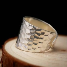 Solid 925 Sterling Silver Band Wide Hammered Handmade Christmas Ring All Size