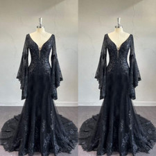 Black Gothic Wedding Dresses Long Sleeve Sweep Train V Neck A-Line Bridal Gowns