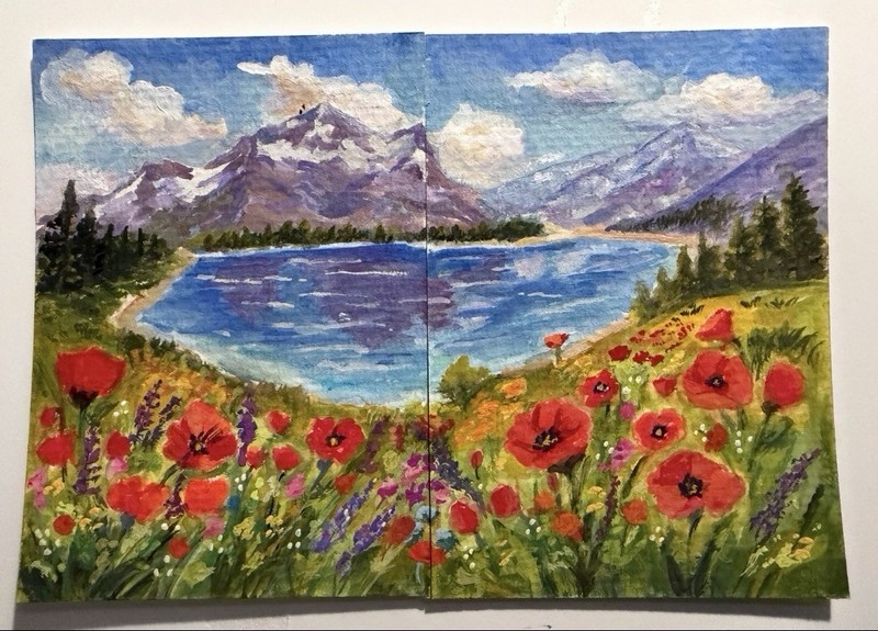 Two ACEO Gouache Paintings Poppy Meadow Overlook Mountain Diptych Landscape Art