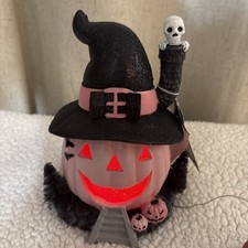 9 Fall Halloween Light Up Pink Black Pumpkin Jack-o-Lantern Witch Ghost Figure