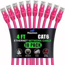 Cat6 Ethernet Cable 4 ft 10-Pack Pink High-Speed LAN UTP 10Gbps 550MHz
