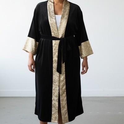 Delicates Velvet Kimono Robe XL Black Gold Brocade Trim Luxury regencycore glam