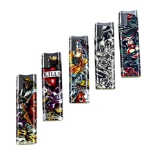 5 PACK Refillable Classic Cigarette Lighters Cool Tattoo Skull Fish