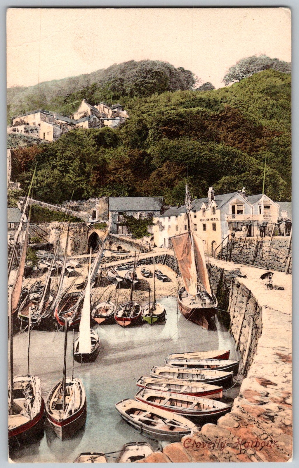 Antique Postcard Harbour Boats Quay Clovelly, England 1910s
