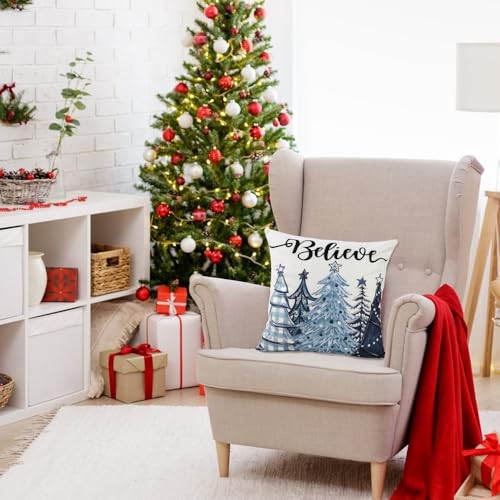 4PCS Christmas Throw Pillow Covers 18x18 Inch, Blue Snowflake Blue and White