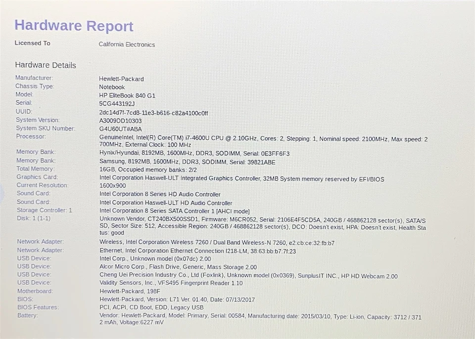 HP EliteBook 840 G1 Laptop i7 4600U 2.1GHZ 14" HD+ 16GB 240GB SSD NO OS/BATTERY - Image 2 of 4