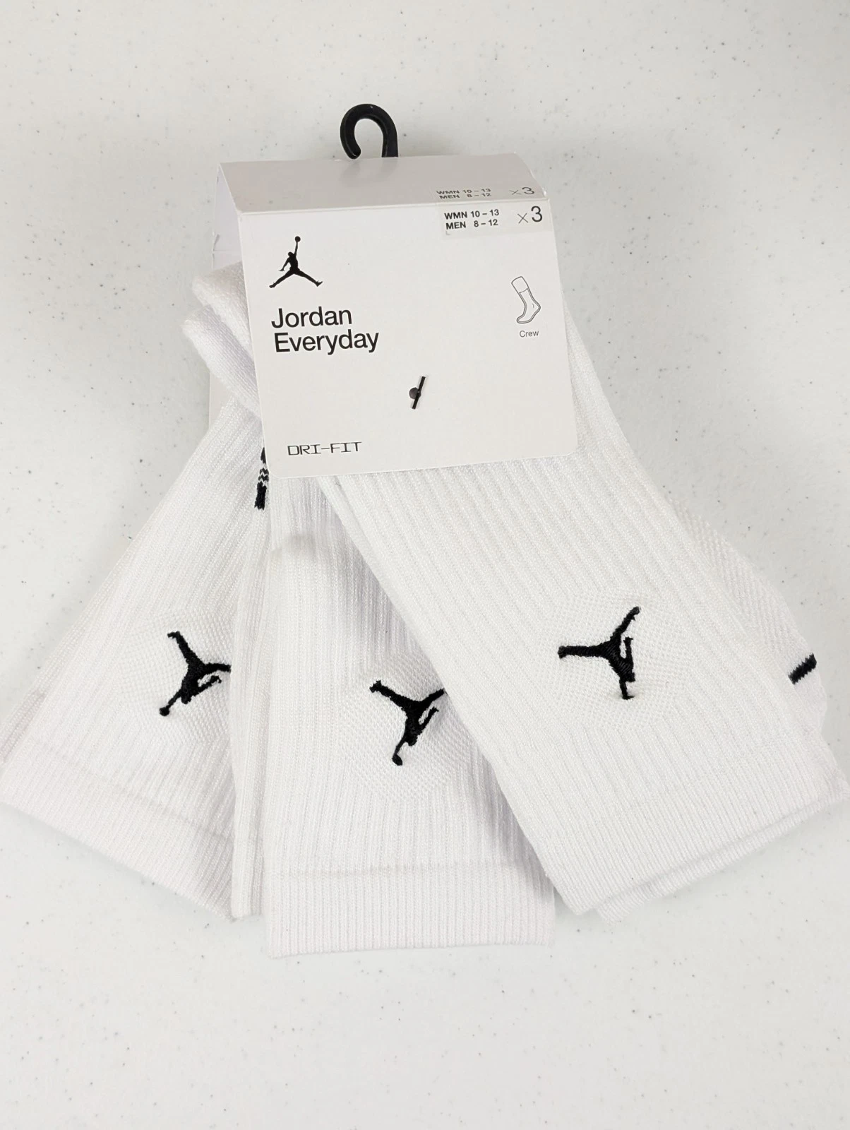 NWT Nike Jordan Everyday Crew 3 Pack Socks DX9632-100 Dri-Fit White SZ L (8-12)