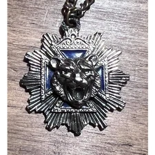 Vintage Roaring Tiger Pendant Necklace Blue Maltese Cross Silver Unsigned Unique