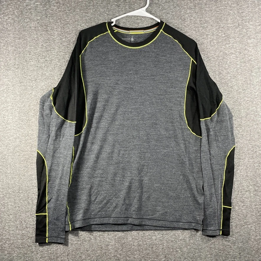 Smartwool Merino Wool Base Layer Long Sleeve Mens Medium Grey Black Neon Sport