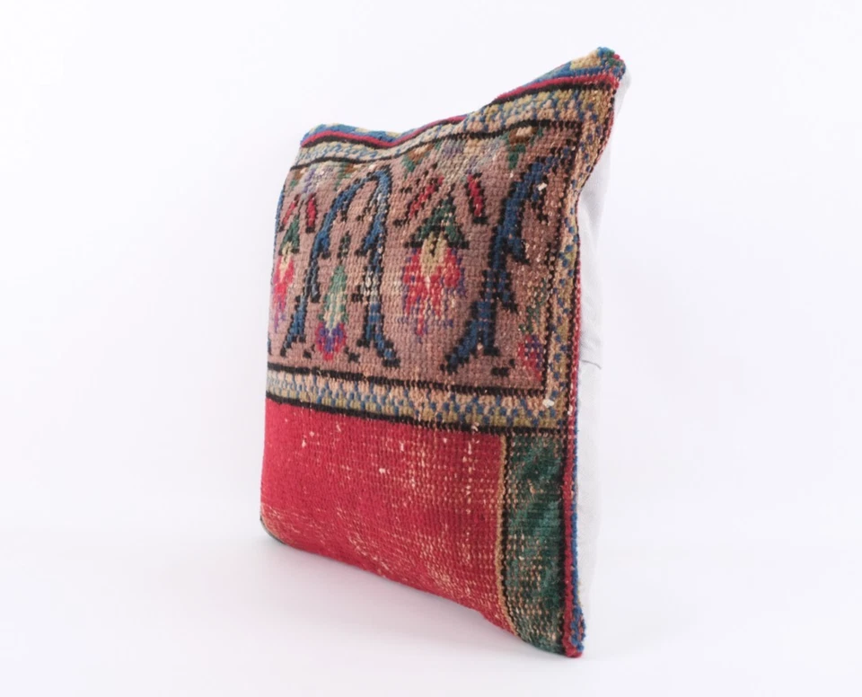 VINTAGE Turkish Kilim Pillow Cover 18x18 BOHO Wool Rug Cushion - Image 2 of 4