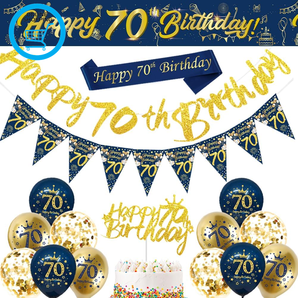 Blue Gold Happy 70Th Birthday Banner, Balloons, Bunting Flags, Sash, Cake Topper
