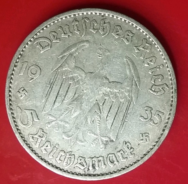 Germany 1935-D, 5 Mark 90% Silver Coin w/swastika Potsdam Church Combined Shipin