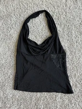 VINTAGE Y2K Bebe Sexy Black Slinky Lace Inset Halter Top Blouse Sz S SOLDOUT