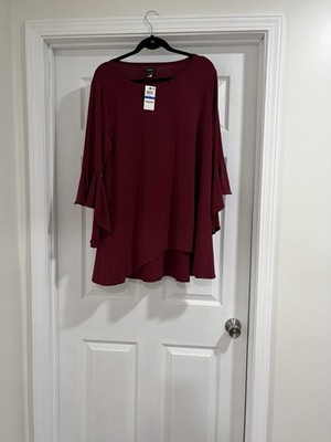 ALFANI XL womens burgundy blouse shark bite hem round neck bell sleeve NWT