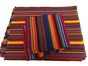 Sets of 12 Placemats & 12 Napkins Guatemala Hand Woven Fringe Ends Bright Colors
