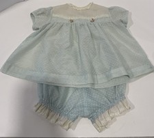 Vintage Baby Girl Dress Size 12 Months Light Blue, Lace Trim, Swiss Dot
