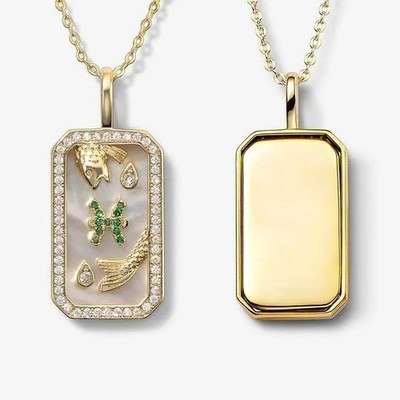 Gold Tone Cable Chain Necklace Reversible Zodiac Rectangle CZ Crystal Pendant