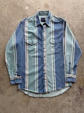 Vintage Wrangler Brushpopper 15.5-33 Turquoise Blue Striped Western Rodeo Shirt