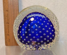 Signed Mark Matthews Controlled Bubble Paperweight Cobalt Blue Studio Art Glass