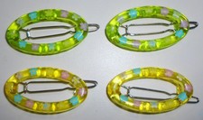 4 Vintage Girls Barrettes Clear Plastic Lucite 1 5/8" Ovals Painted Flowers