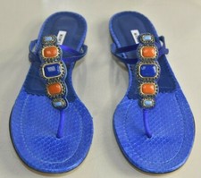 NEW Manolo Blahnik TURCA Mules PYTHON FLAT SANDALS Satin Blue JEWELED 39.5 41.5
