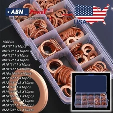 150 pcs Copper Crush Washer Gasket Set Flat Ring Seal Assortment Kit M5 - M22