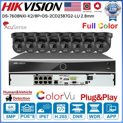 Hikvision 4K 8CH 8POE AcuSense 8MP ColorVu Turret Camera System MIC Outdoor Lot 