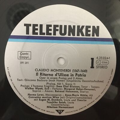 C578 Monteverdi Return of Odysseus Harnoncourt 4LP Telefunken