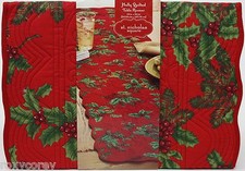Christmas St Nicholas Square Red Holly Quilted Table Runner 13x54 in NWT