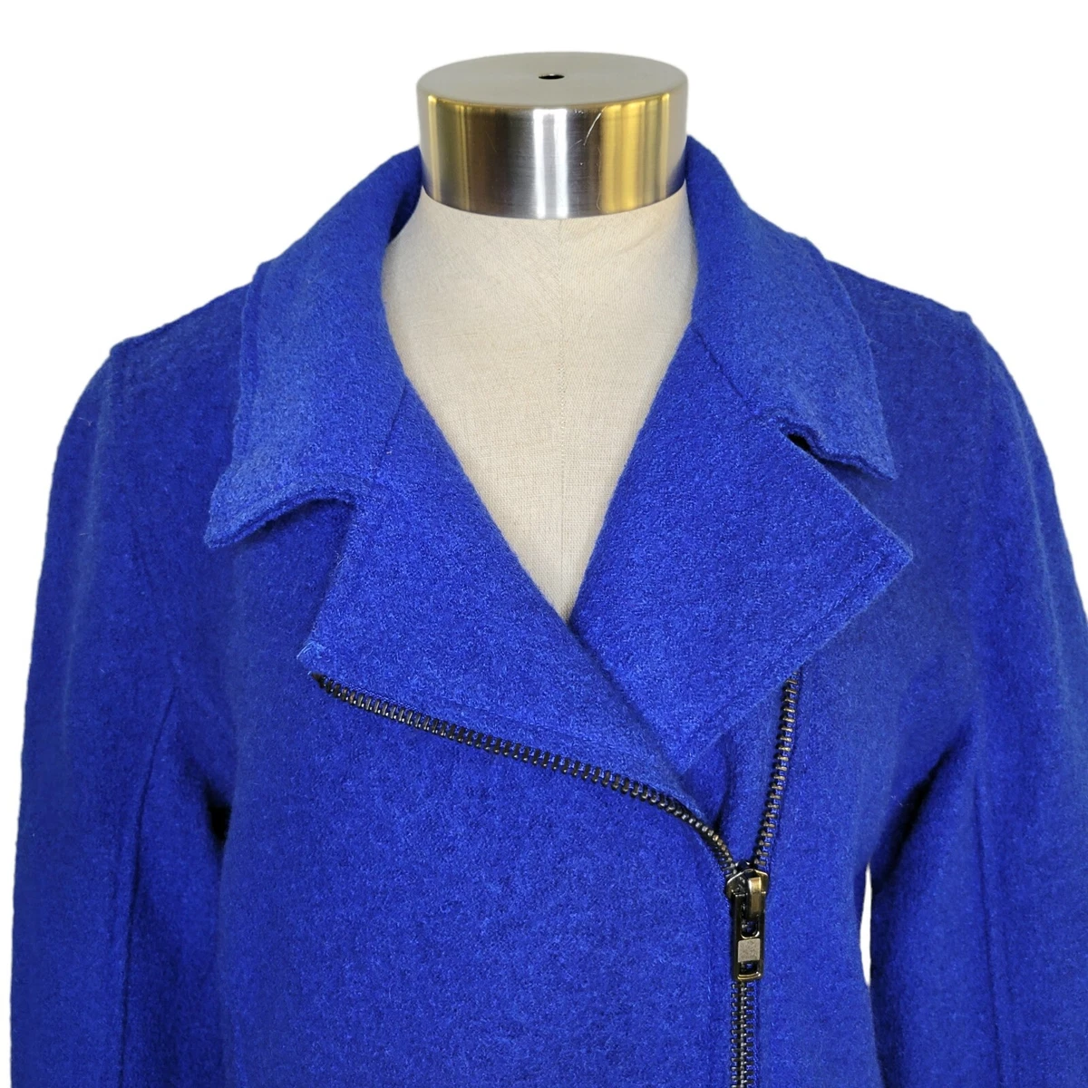 NWT Tahari Bright Blue Boiled Wool Viscose Zip Up Moto Jacket Women s Size S