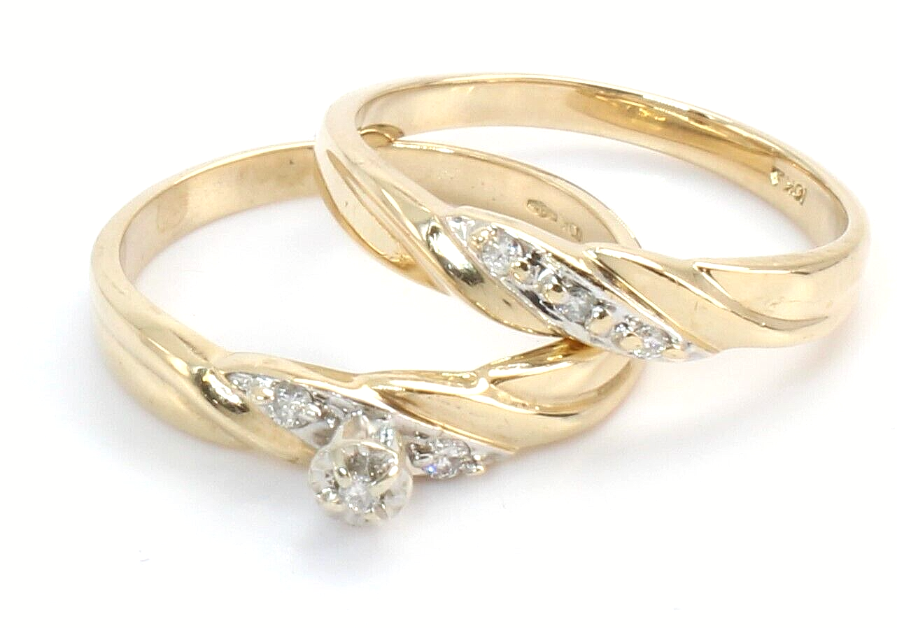 + Vintage 10k Gold SI2 Real Diamond Wedding Band Engagement Ring Set