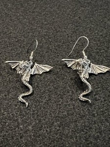 Winged Dragon Silver Tone Dangle Drop Earrings Mythical Beast Fantasy Legend