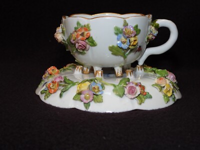 【美品】マイセン★Meissen Cross Swords★ティーセット Antique 19th C Meissen Porcelain Applied 3D Flowers Cup & Saucer