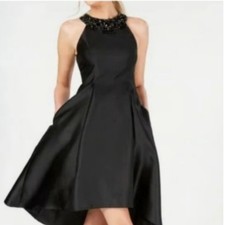 Adrianna Papell Black Mikado Fit Flare High Low Embellished Party Dress 12