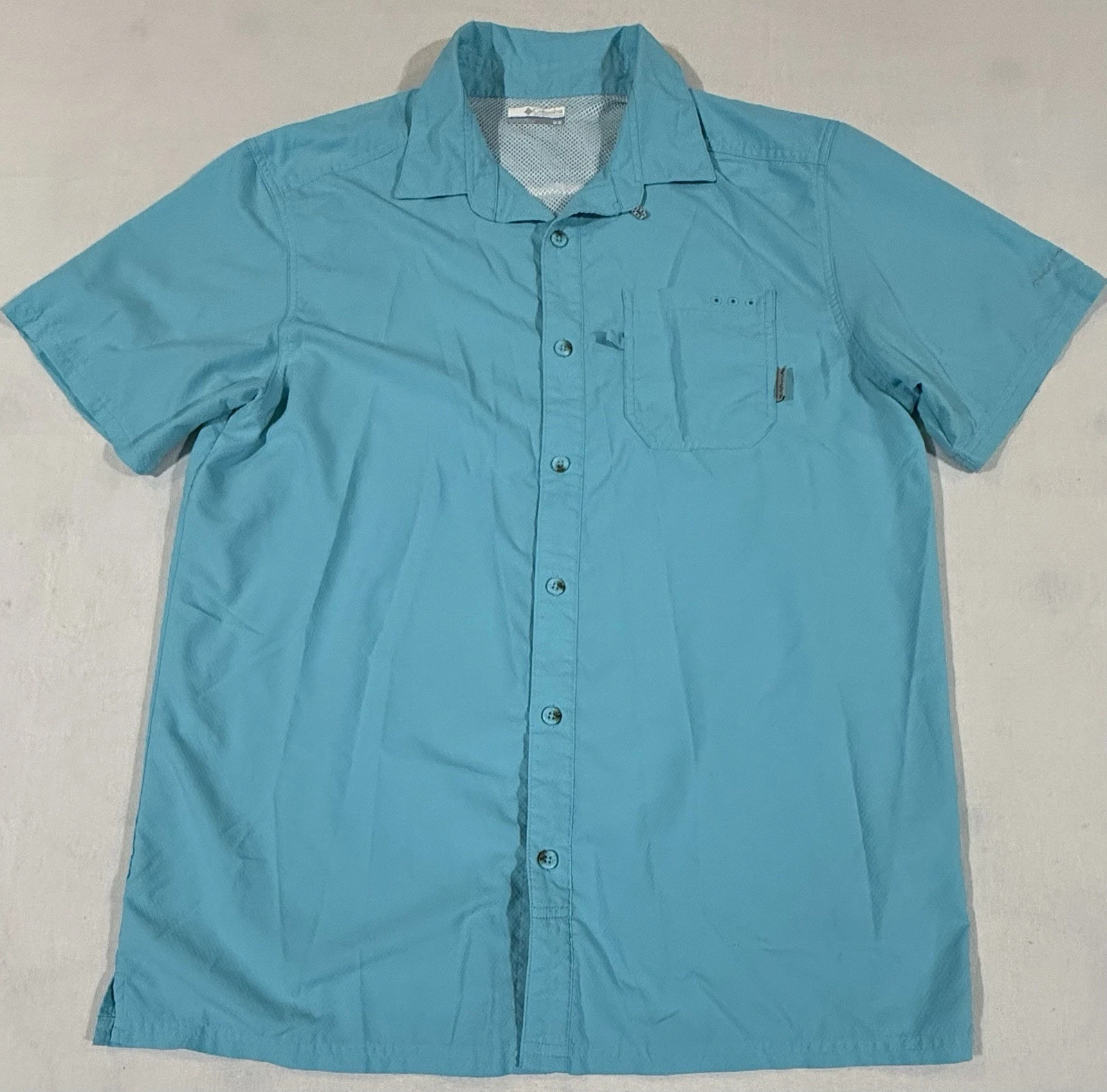 Columbia PFG Shirt Aqua Light Blue Short Sleeve Button-Up Men’s Med EUC