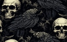 skulls, ravens, and foliage Printed Cotton Fabric By The Yard