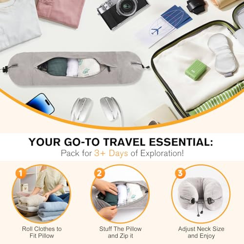 Adjustable Grey Stuffable Travel Neck Pillow for Extra Luggage Storage