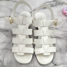 Marc New York Women's White Strappy Block Heel Sandals Gold Buckle 6.5