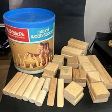 Vintage 1974 PLAYSKOOL 35 Wood Building Blocks In Original Container