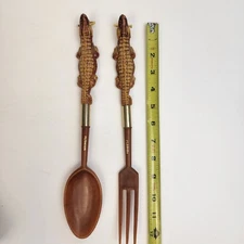 Vintage MCM Salad Service Fork & Spoon Set With Alligator and Gold-tone Handles