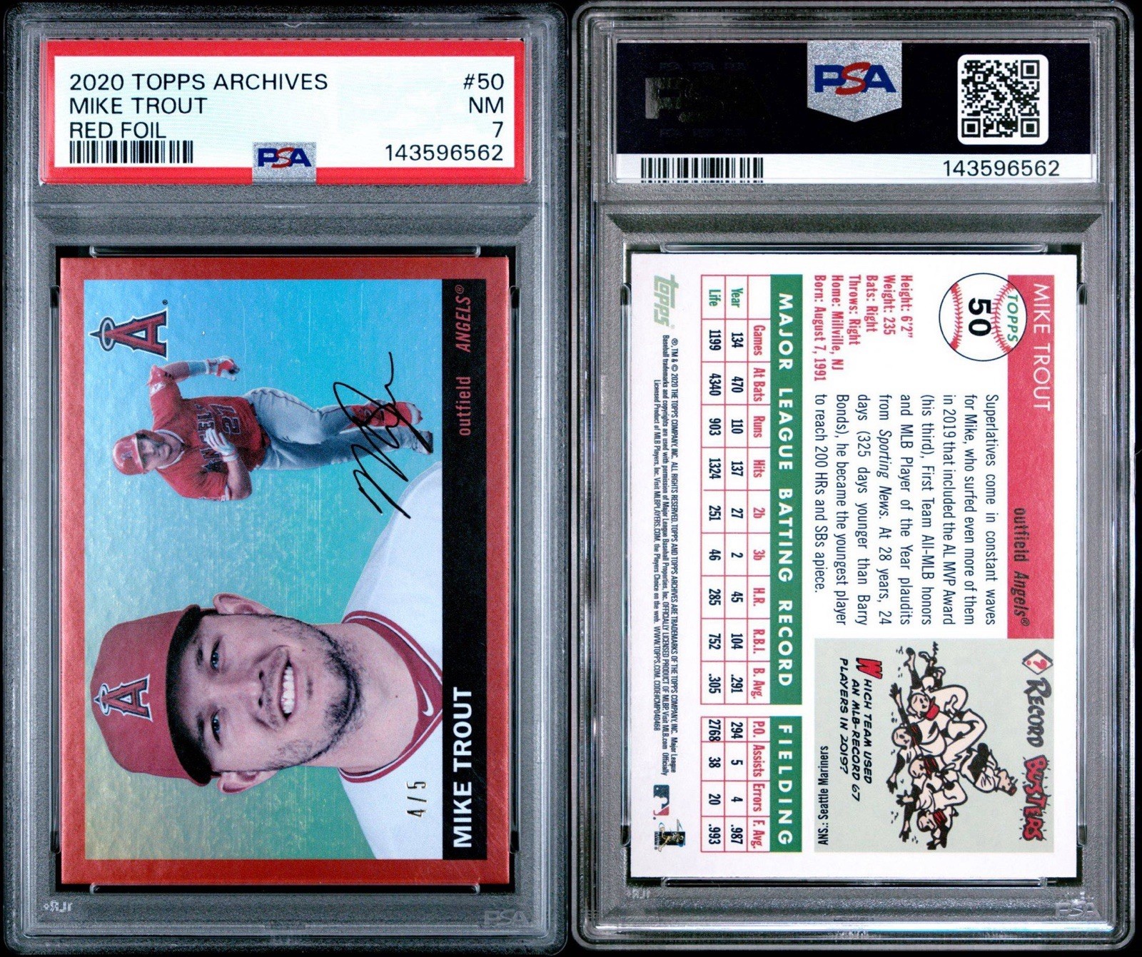 Mike Trout /5 - 2020 Topps Archives 1955 Red Parallel #50 Angels PSA 7 Near Mint view 3
