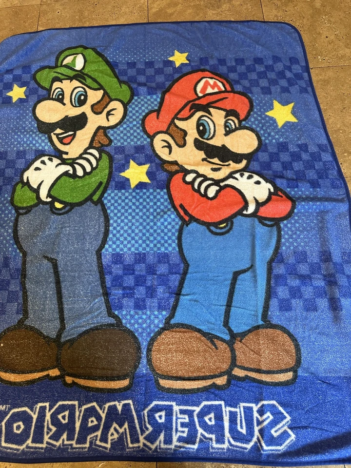 Nintendo Super Mario Bros Blanket Throw Blue Mario Luigi Stars Plush Fleece - Image 2 of 4