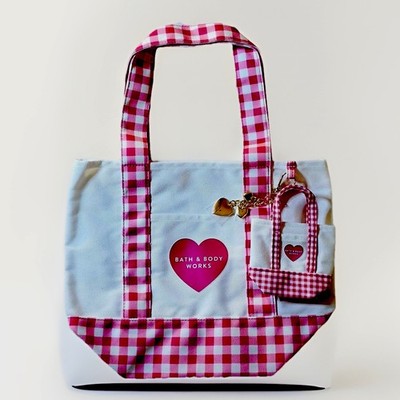 Bath & Body Works Pink Gingham Tote Bag & Matching Mini Keychain Charm Set NEW