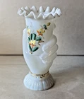 Antique Hand Vase Victorian Milk Glass Opaline Ruffled Rim Floral Enamel